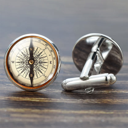 Compass Cuff Links Vintage Compass Clock Sailboat Pattern Alloy Cuff Links for Men Gift Glass Cabochon (It's Not A Real Compass)