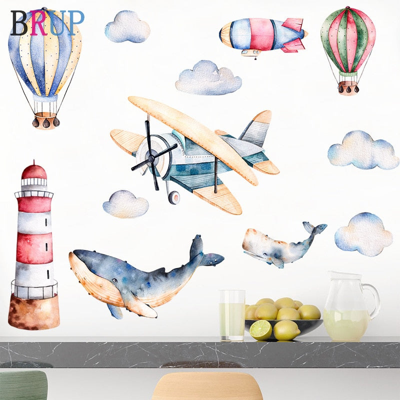 Hand Painted Style Hot Air Balloon Wall Stickers Sharks Airplane Wall Decals for Kids Room Baby Nursery Decoration Home Decor