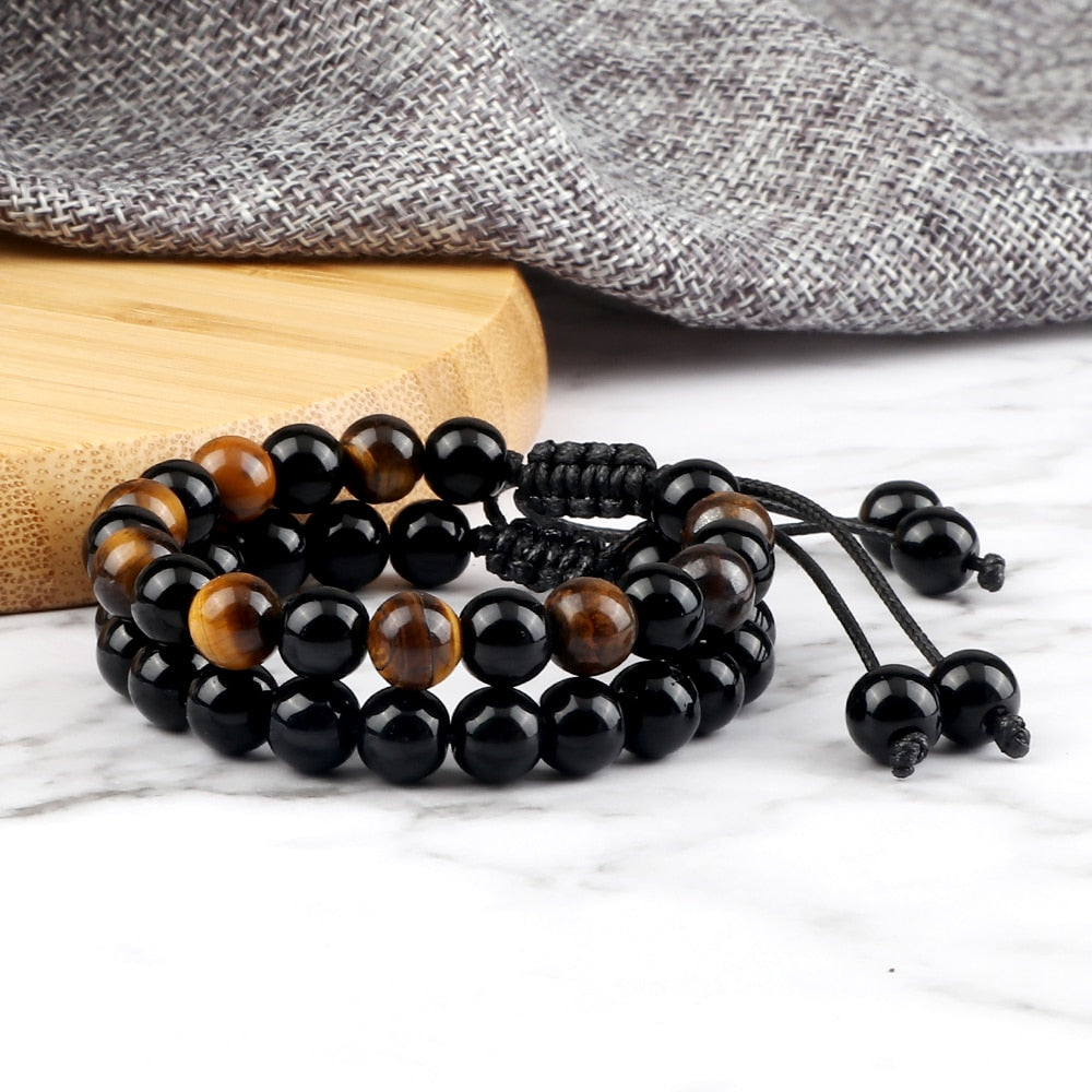 2pcs Men Shiny Black Natural Stone Beaded Bracelets Multicolor Tiger Eye Stone Obsidian Onyx Beads Bracelets Women Yoga Jewelry