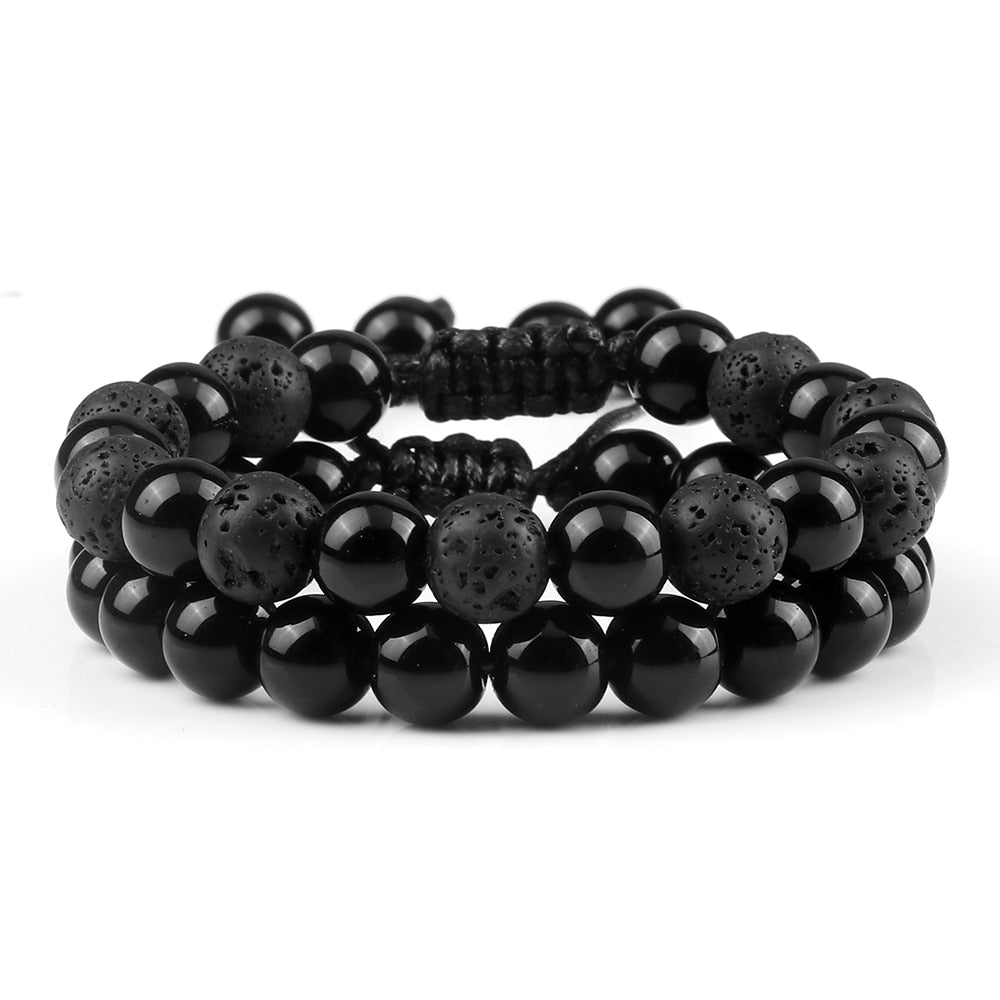 2pcs Men Shiny Black Natural Stone Beaded Bracelets Multicolor Tiger Eye Stone Obsidian Onyx Beads Bracelets Women Yoga Jewelry