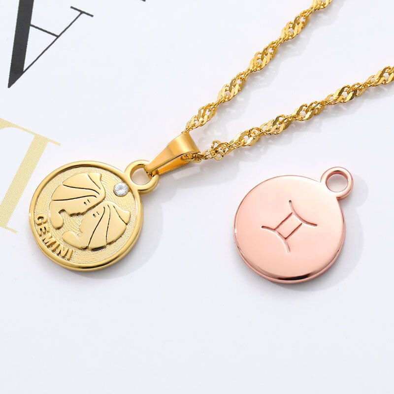 Round Coin Pendant Zodiac Sign Stainless Steel Minimalism Jewelry For Women Girl Aquarius Pisces Sagittarius Necklaces BFF