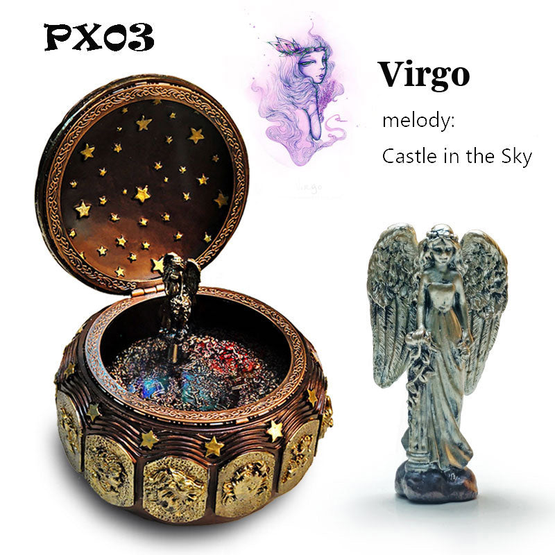 Retro Zodiac 12 Signs Music Box Manual Arts 12 Constellation Musical Boxes with Led Flash Lights Valentine's Day Birthday Gift