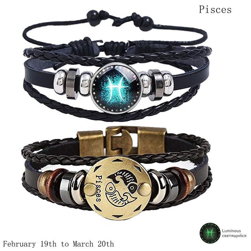 2pcs/set 12 Constellation Bracelets Luminous Charm Leather Bracelet Zodiac Horoscope Braided Bangle Men Women Jewelry Wrist Gift