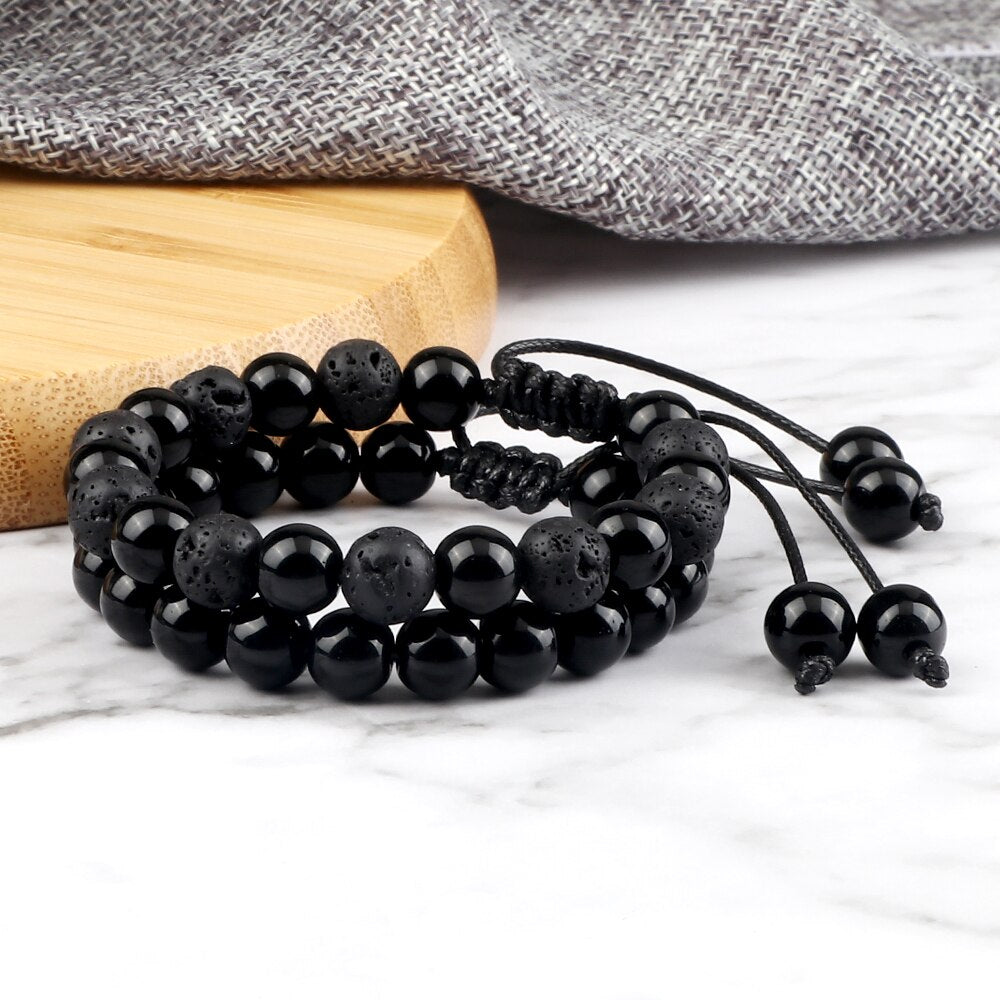 2pcs Men Shiny Black Natural Stone Beaded Bracelets Multicolor Tiger Eye Stone Obsidian Onyx Beads Bracelets Women Yoga Jewelry