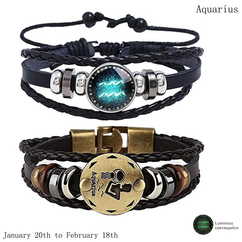 2pcs/set 12 Constellation Bracelets Luminous Charm Leather Bracelet Zodiac Horoscope Braided Bangle Men Women Jewelry Wrist Gift