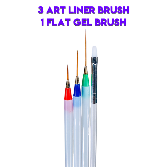 Nail Art Brush - 3 Art Liner & 1 Flat Gel Brush (Set of 4pcs)
