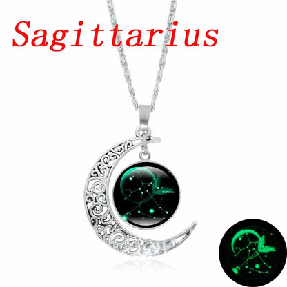 12 Constellation Luminous Necklace Zodiac Signs Jewelry Crescent Moon Pendant Glow In The Dark Necklace Birthday Gifts Women