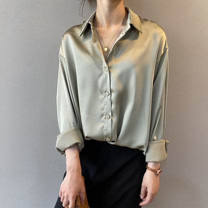 Autumn Fashion Button Up Satin Silk Shirt Vintage Blouse Women White Lady Long Sleeves Female Loose Street Shirts 11355