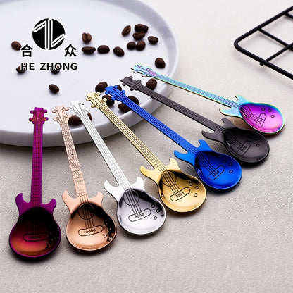 1pcs Stainless Steel Guitar Shaped Love Coffee Spoon Teaspoon Children Spoon New Beautiful 7 Colors Coffee Tea Use Kitchen Spoon