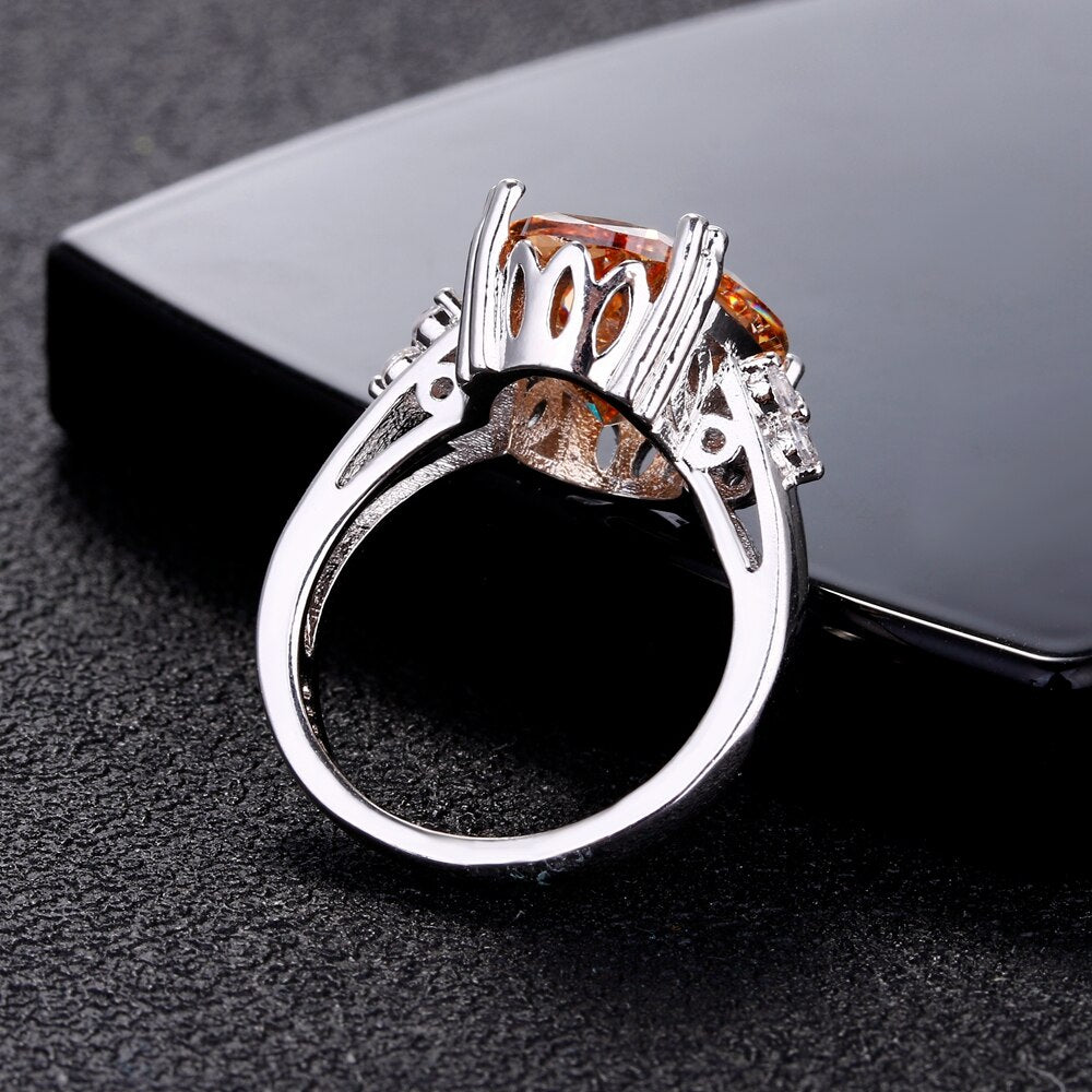 Charms 12x16MM Champagne Shining Zircon Rings Silver Color Jewelry Ring With Natural Stones Best Gift For Women Men Wholesale