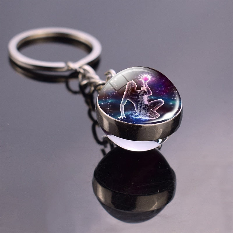 Glowing 12 Constellation Keychain Luminous Glass Ball Pendant Zodiac Key Rings Jewelry Birthday Gift Scorpio Leo Libra Keyrings