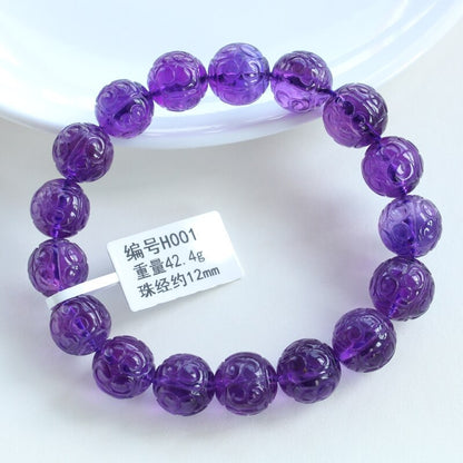 Natural Purple Amethyst Quartz Bracelet 12mm 13mm 14mm Carved Amethyst Clear Round Beads Gemstone Woman Men Crystal AAAAAA