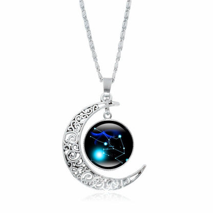 12 Constellation Luminous Necklace Zodiac Signs Jewelry Crescent Moon Pendant Glow In The Dark Necklace Birthday Gifts Women