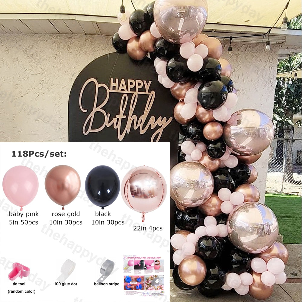 118Pcs Black Rose Gold Pink Balloon Arch Princess Birthday Balloons Garland Kit Baby Shower Girls Birthday Wedding Party Decor