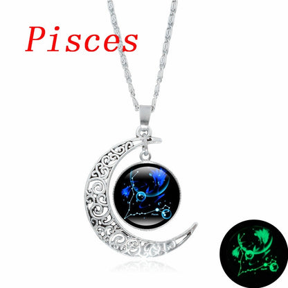 12 Constellation Luminous Necklace Zodiac Signs Jewelry Crescent Moon Pendant Glow In The Dark Necklace Birthday Gifts Women