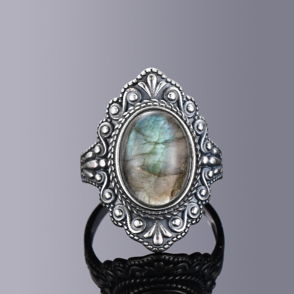 Vintage Oval Natural Labradorite Rings For Women Silver Ring Jewelry Finger Ring Gemstone Rings Party Gift