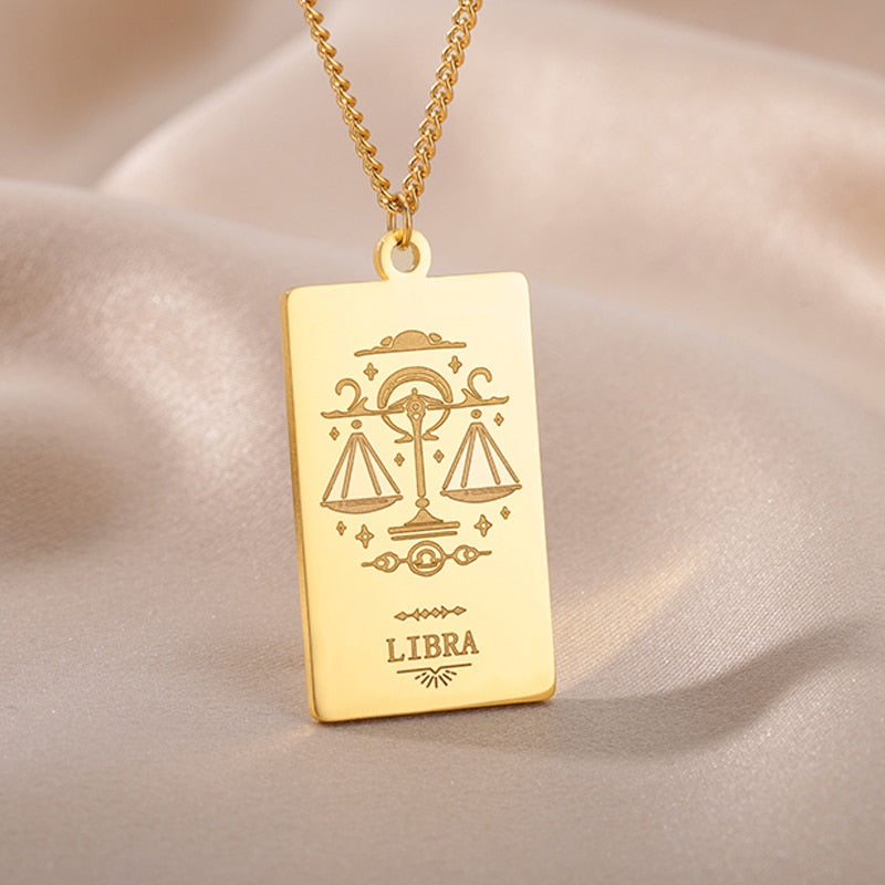 Stainless Steel Zodiac Sign Necklace For Women Vintage Constellation Libra Pendant Chain Choker New Jewelry collares para mujer