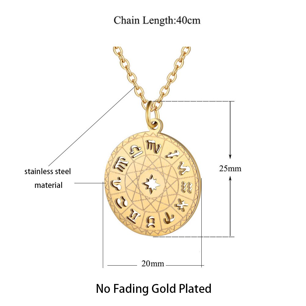 Stainless Steel Star Zodiac Sign 12 Constellation Compass Pendant Choker Necklace for Women Men Kids Birthday Gifts