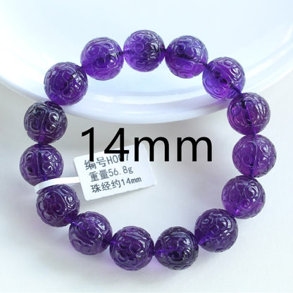 Natural Purple Amethyst Quartz Bracelet 12mm 13mm 14mm Carved Amethyst Clear Round Beads Gemstone Woman Men Crystal AAAAAA