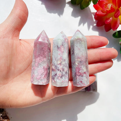 Beautiful Natural Quartz Tower Healing Plum Blossom Tourmaline Crystal Point Faceted Prism Wand Energy Ore Mineral Home Decor