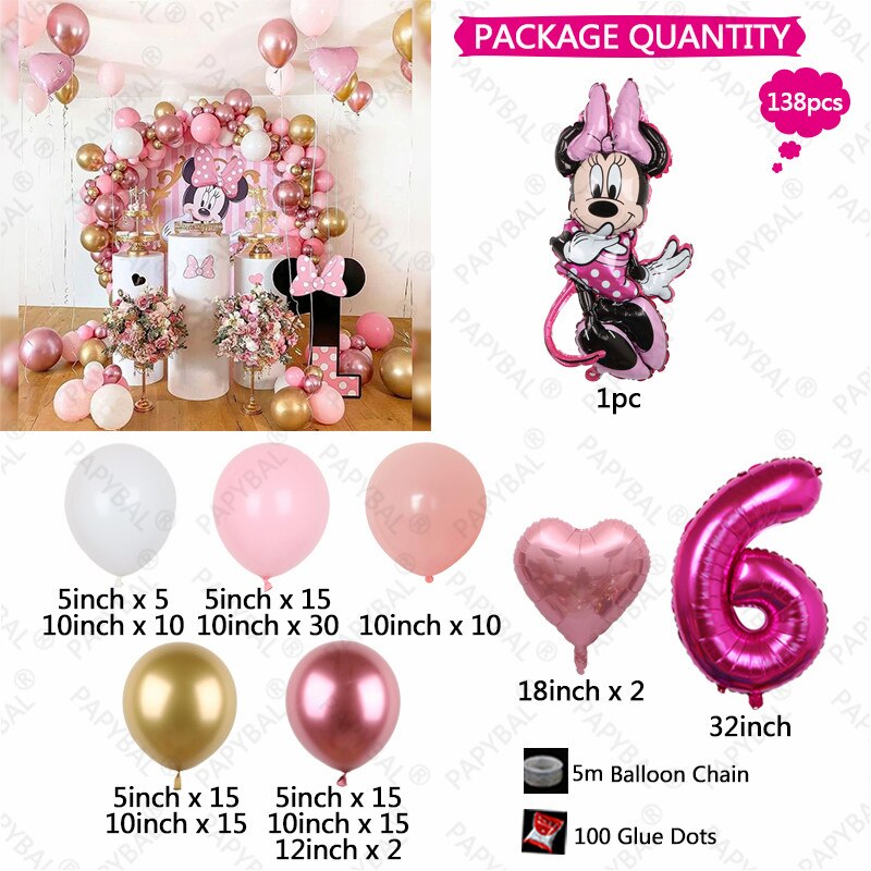 138pcs Disney Minnie Mouse Theme Party Balloon Arch Garland Kit Kids Girls 1 2 3th Birthday Party Decorations Baby Shower Globos