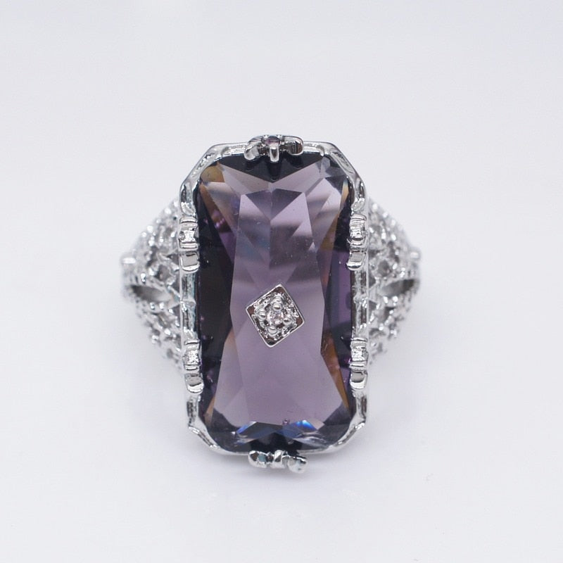 Silver Ring Chamfer Rectangular Amethyst Princess Gemstone Ring Hollow Flower Female Ring Jewelry For Women