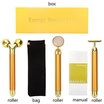 Energy Beauty Bar 24k Golden Vibrating Facial Roller Massager Face Lifting Anti-wrinkle Skin Care Gemstone Roller Ball Set Box