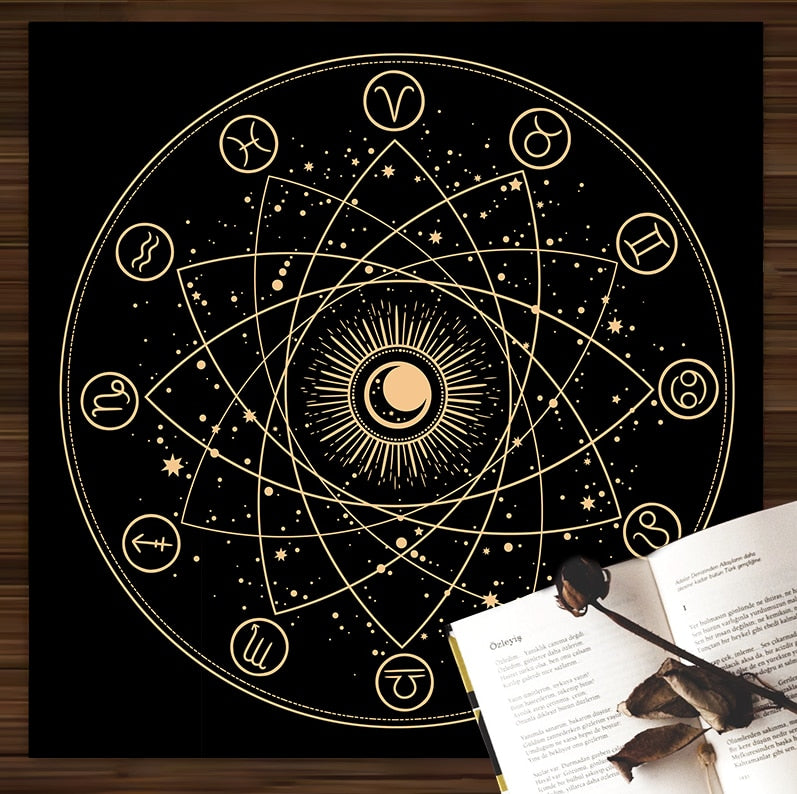 Home Decor Tablecloth Mystical Divination Horoscope Tarot Tablecloth Altar Cloth Pagan Clock Pendulum Witchcraft Oracle Room