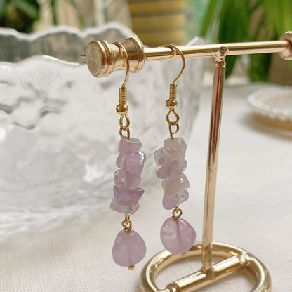 Irregular Ore Rock Natural Crystal Earring Chip Stone Long Tassel Pendulum Citrines Lapis Fluorite Purple Crystal Drop Earring