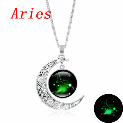 12 Constellation Luminous Necklace Zodiac Signs Jewelry Crescent Moon Pendant Glow In The Dark Necklace Birthday Gifts Women