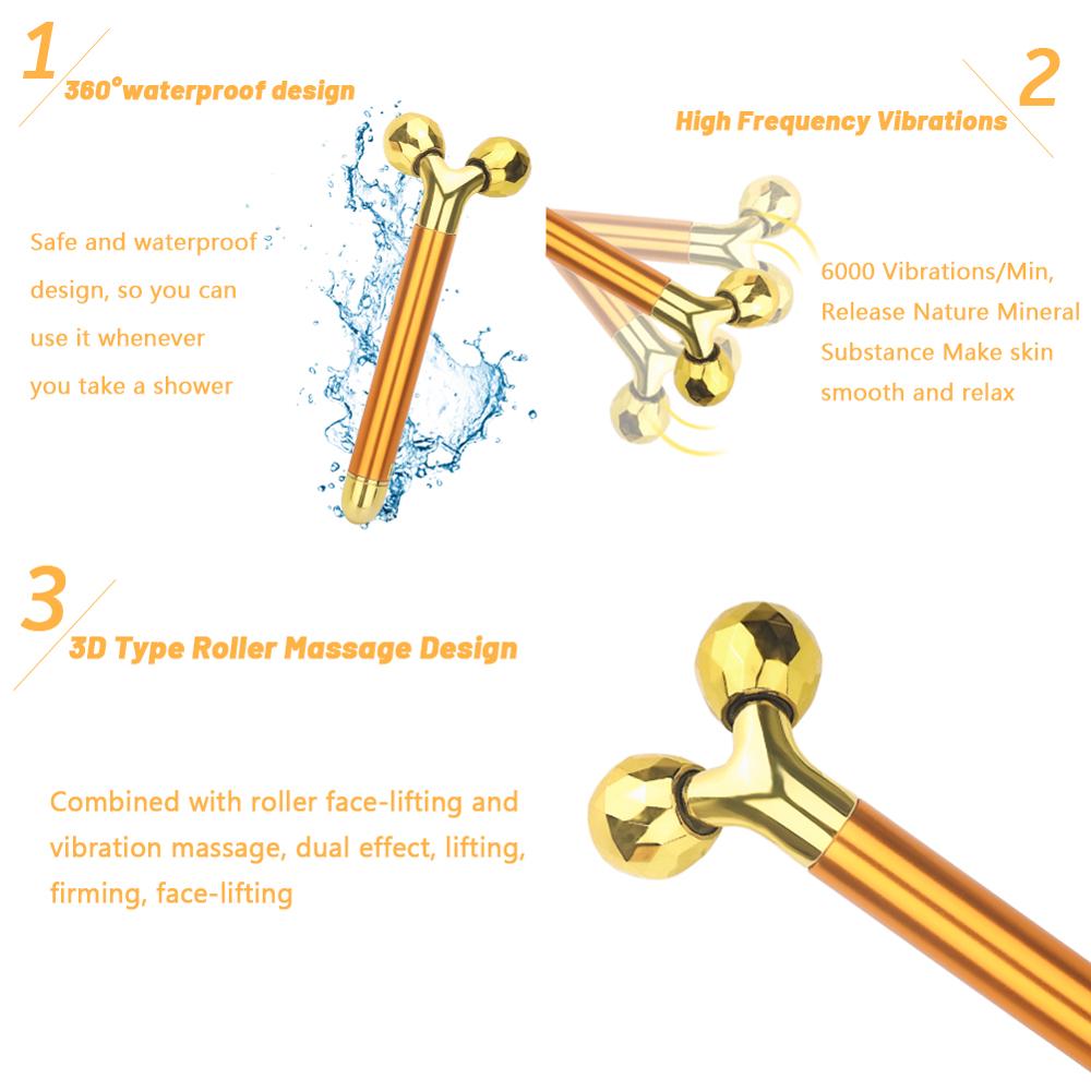 Energy Beauty Bar 24k Golden Vibrating Facial Roller Massager Face Lifting Anti-wrinkle Skin Care Gemstone Roller Ball Set Box