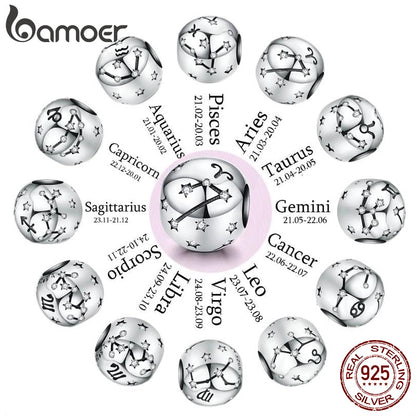 BAMOER Vintage 925 Sterling Silver Twelve Constellations Star Sign Zodiac Beads Charms fit Charm Bracelet Neckalce DIY