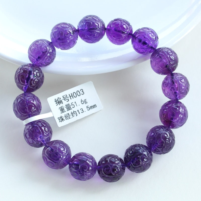 Natural Purple Amethyst Quartz Bracelet 12mm 13mm 14mm Carved Amethyst Clear Round Beads Gemstone Woman Men Crystal AAAAAA