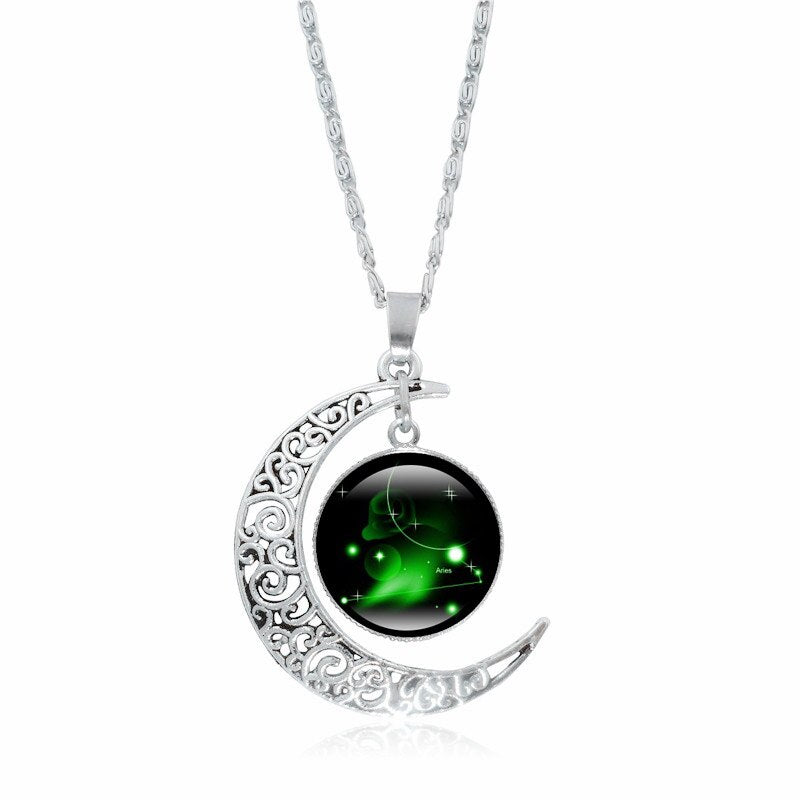 12 Constellation Luminous Necklace Zodiac Signs Jewelry Crescent Moon Pendant Glow In The Dark Necklace Birthday Gifts Women