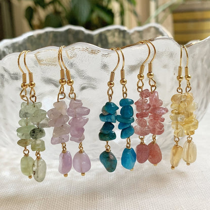 Irregular Ore Rock Natural Crystal Earring Chip Stone Long Tassel Pendulum Citrines Lapis Fluorite Purple Crystal Drop Earring