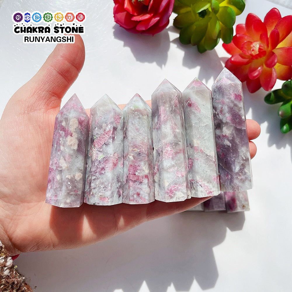Beautiful Natural Quartz Tower Healing Plum Blossom Tourmaline Crystal Point Faceted Prism Wand Energy Ore Mineral Home Decor
