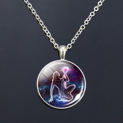 12 Zodiac Signs Glass Dome Constellations Pendant Necklace Fashion Jewelry Women Virgo Cancer Cancer Aries Gemini Birthday Gift