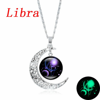 12 Constellation Luminous Necklace Zodiac Signs Jewelry Crescent Moon Pendant Glow In The Dark Necklace Birthday Gifts Women