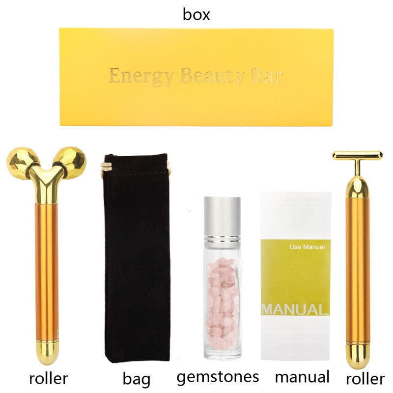 Energy Beauty Bar 24k Golden Vibrating Facial Roller Massager Face Lifting Anti-wrinkle Skin Care Gemstone Roller Ball Set Box