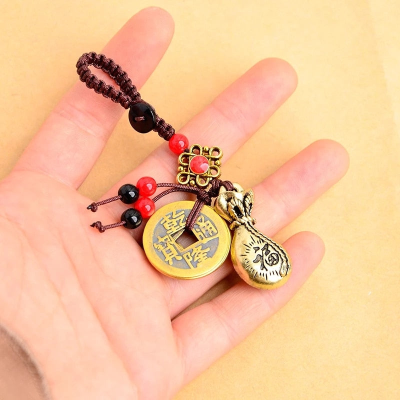 Antique Keychain Charm Gourd Five Emperors Wealth Coin Lucky Chinese Feng Shui Pendant Jewelry