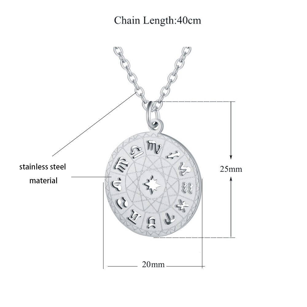 Stainless Steel Star Zodiac Sign 12 Constellation Compass Pendant Choker Necklace for Women Men Kids Birthday Gifts