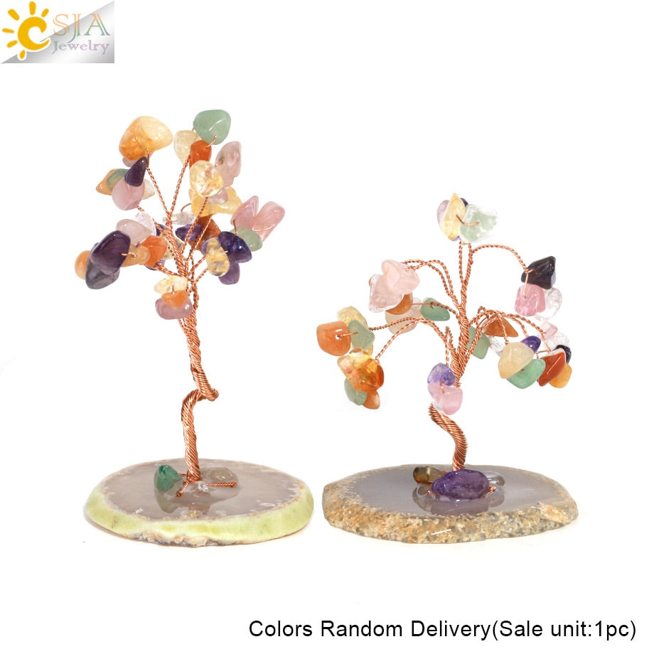 CSJA 7 Chakras Tree of Life Decoration Rose Natural Chip Crystal Handmade Healing Luck Money Trees Feng Shui Home Office  G822