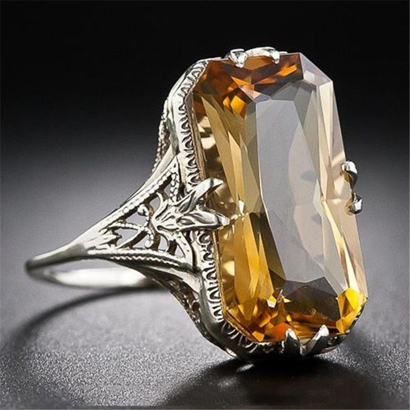 Citrine hollowed-out Carved Silver Rings Exaggerated Silver Hand Jewelry For Women Gemstone  Wedding Party Ring Wholesale
