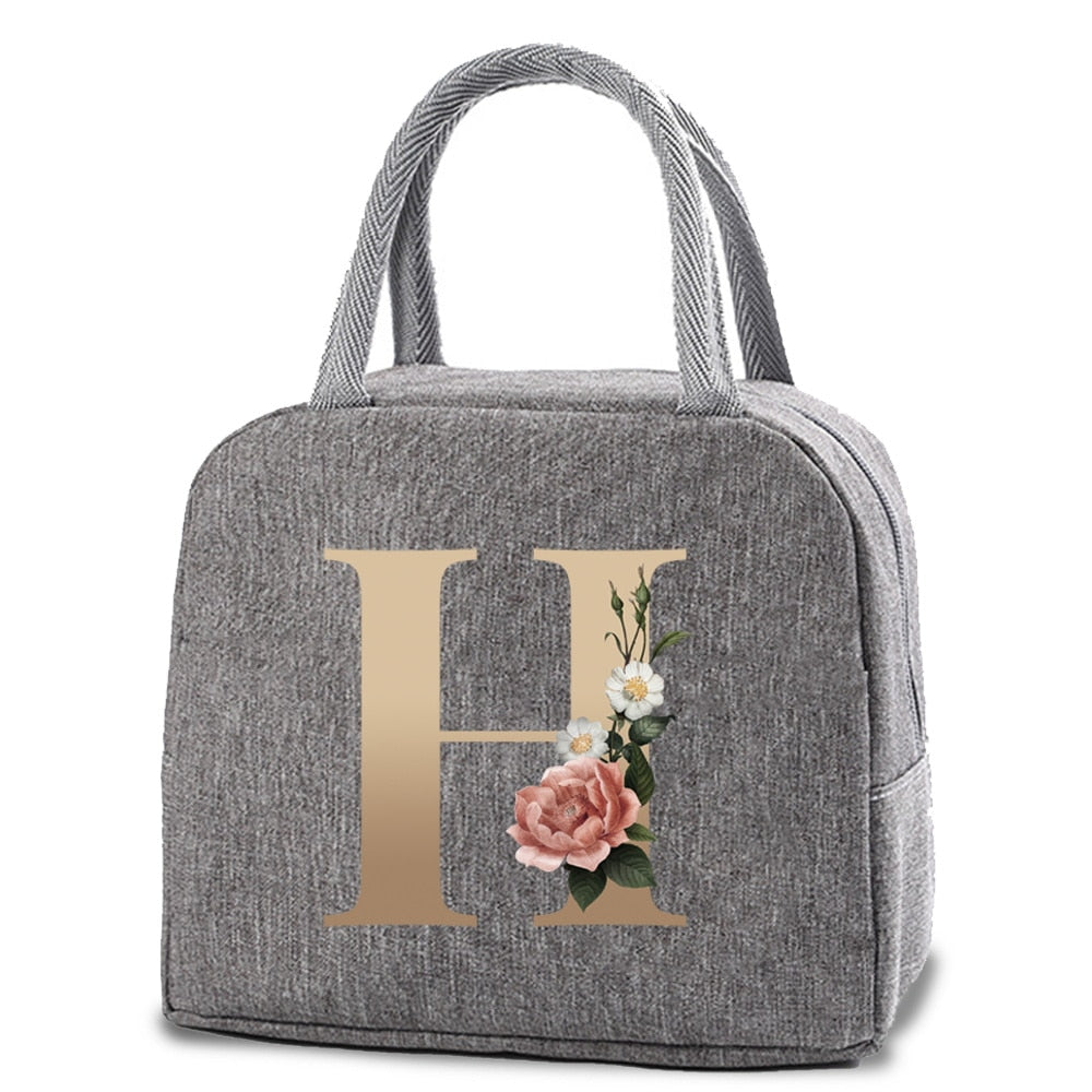 Thermal Lunch Dinner Bags Canvas Gold Letter Handbag Picnic Travel Breakfast Box School Child Convenient Lunch Bag Tote Food Bag
