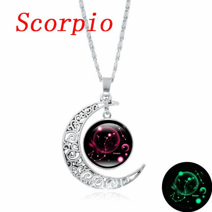 12 Constellation Luminous Necklace Zodiac Signs Jewelry Crescent Moon Pendant Glow In The Dark Necklace Birthday Gifts Women