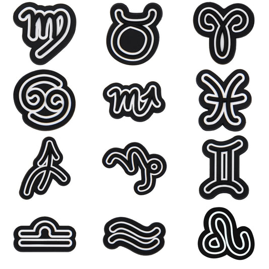 New Arrival Zodiac Sign Croc Charms Black Zodiac Symbols PVC Shoe Decorations Accessories for Adult Kids Holiday Party Gifts
