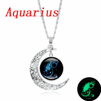 12 Constellation Luminous Necklace Zodiac Signs Jewelry Crescent Moon Pendant Glow In The Dark Necklace Birthday Gifts Women