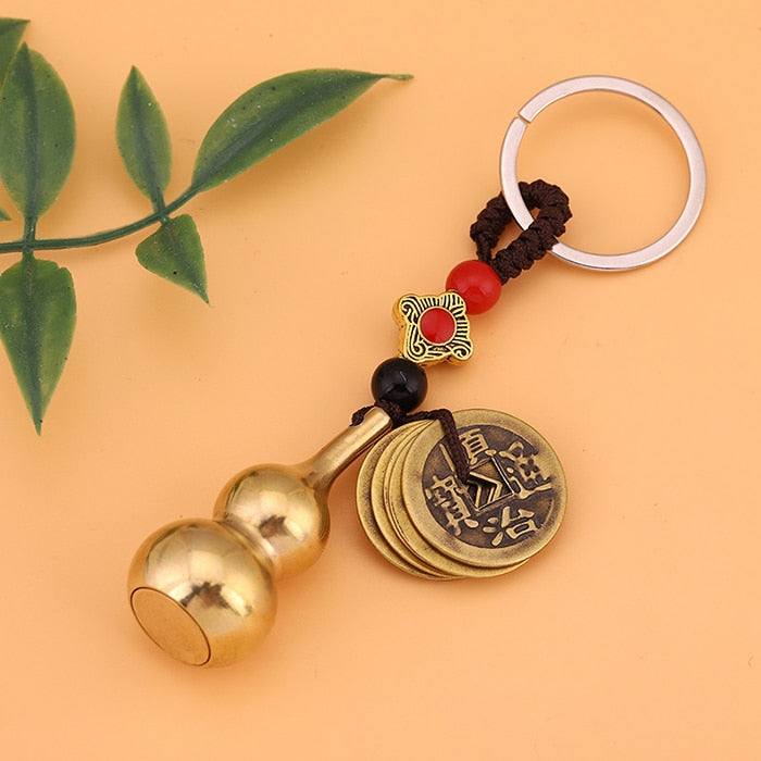 Antique Keychain Charm Gourd Five Emperors Wealth Coin Lucky Chinese Feng Shui Pendant Jewelry