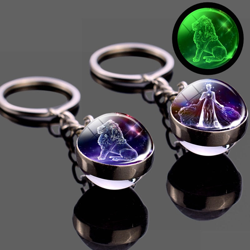 Glowing 12 Constellation Keychain Luminous Glass Ball Pendant Zodiac Key Rings Jewelry Birthday Gift Scorpio Leo Libra Keyrings