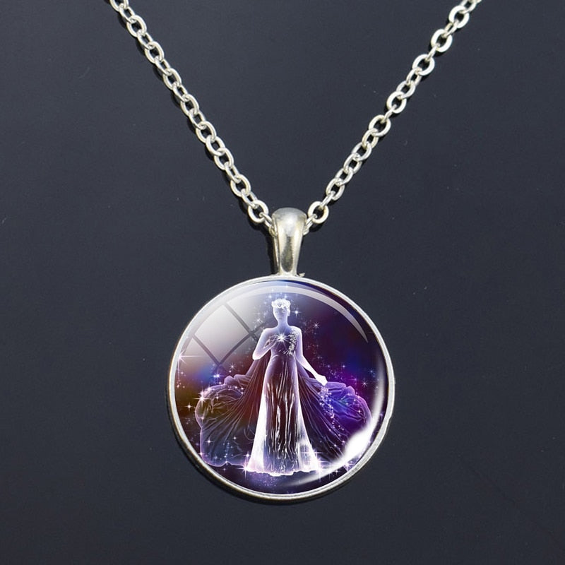 12 Zodiac Signs Glass Dome Constellations Pendant Necklace Fashion Jewelry Women Virgo Cancer Cancer Aries Gemini Birthday Gift